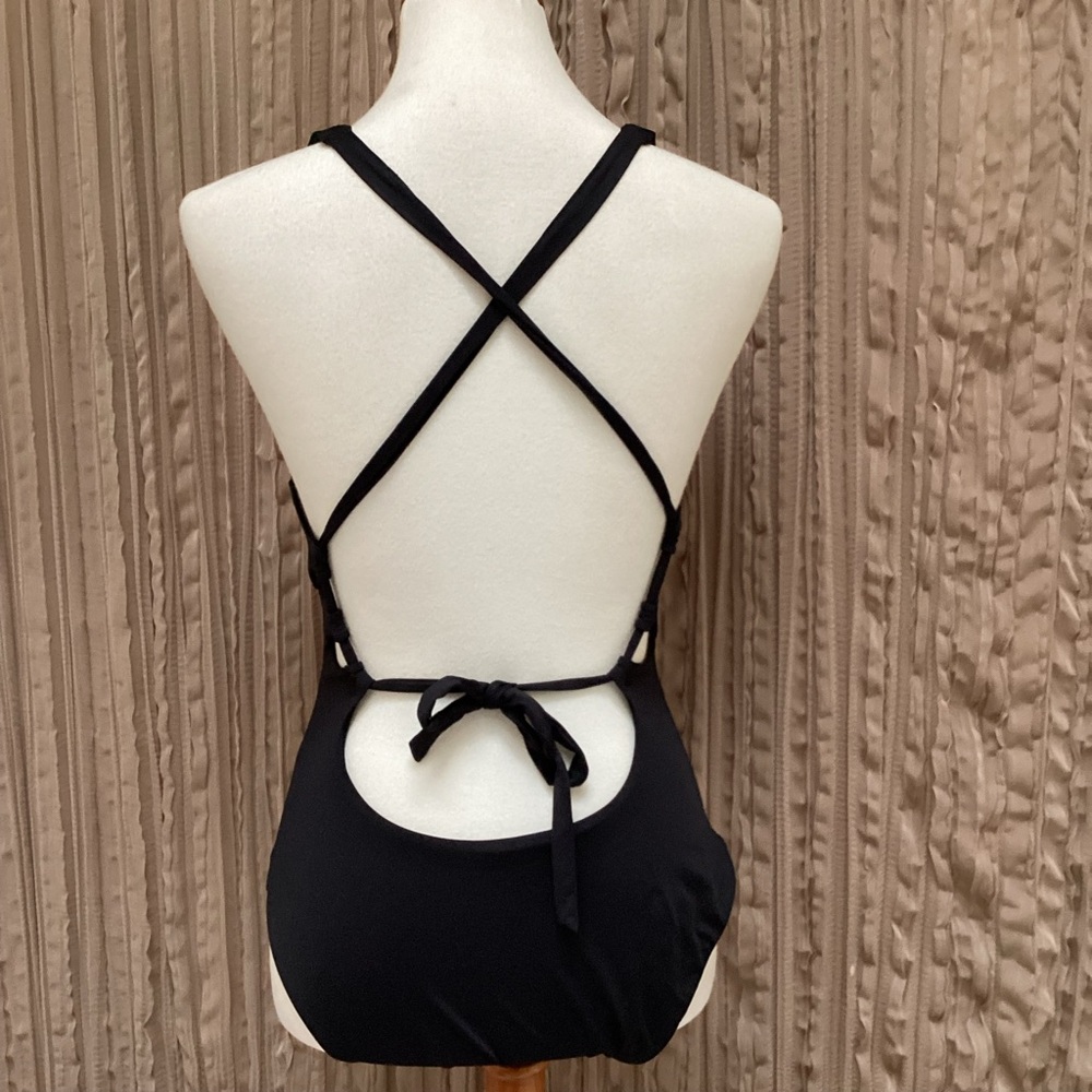 BECCA Black Cutout One-Piece Swimsuit, high legs, low back, plunging front, Lg - Picture 3 of 7